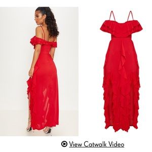 Red Cold Shoulder Ruffle Detail Maxi Dress